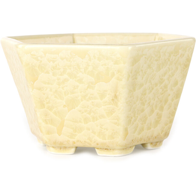 Zeshoekige, gebroken witte bonsaipot met kristalglazuur van Heian Senzan - 140 x 140 x 75 mm