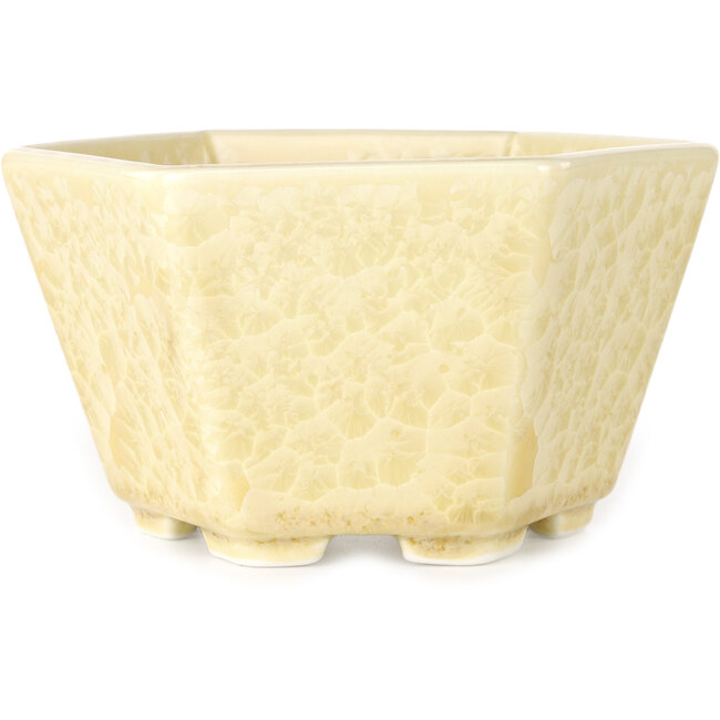 Hexagonal off-white, crystal glaze bonsai pot by Heian Senzan - 140 x 140 x 75 mm
