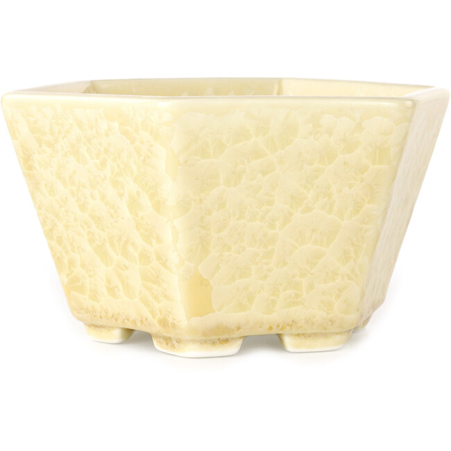 Zeshoekige, gebroken witte bonsaipot met kristalglazuur van Heian Senzan - 140 x 140 x 75 mm