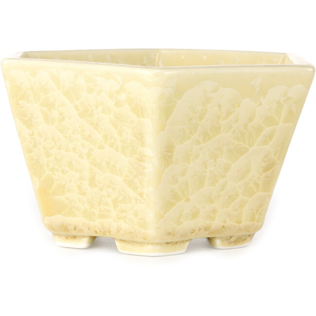 Zeshoekige, gebroken witte bonsaipot met kristalglazuur van Heian Senzan - 140 x 140 x 75 mm