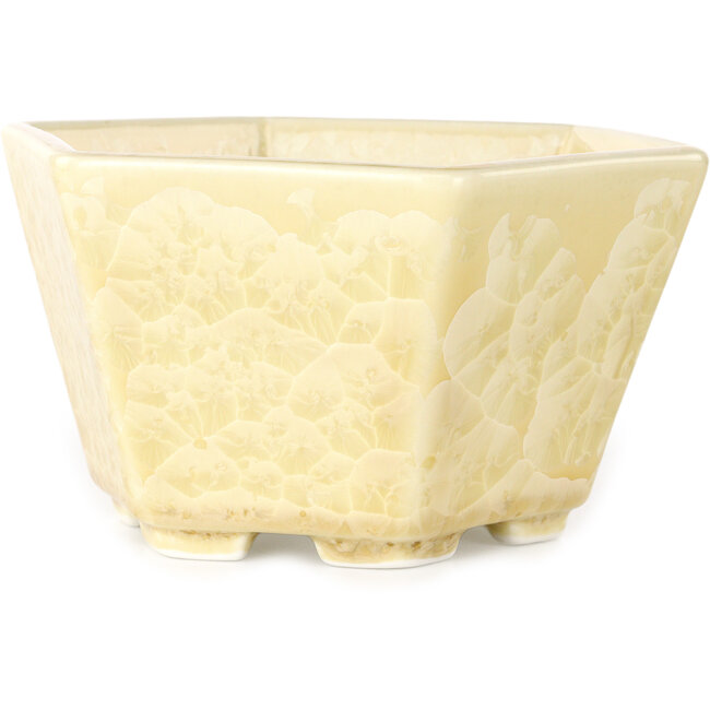 Pot à bonsaï hexagonal en émail cristal blanc cassé, par Heian Senzan - 140 x 140 x 75 mm