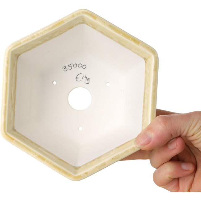 Pot à bonsaï hexagonal en émail cristal blanc cassé, par Heian Senzan - 140 x 140 x 75 mm