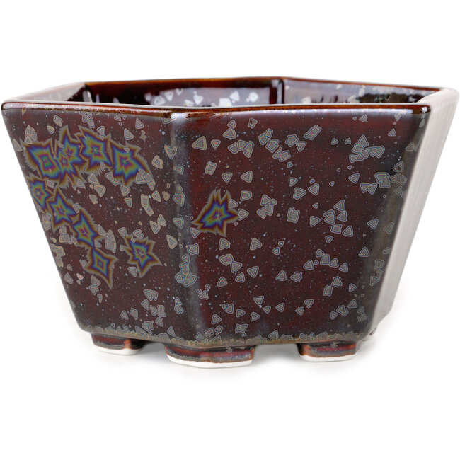 Hexagonal brown metallic, crystal glaze bonsai pot by Heian Senzan - 140 x 140 x 75 mm