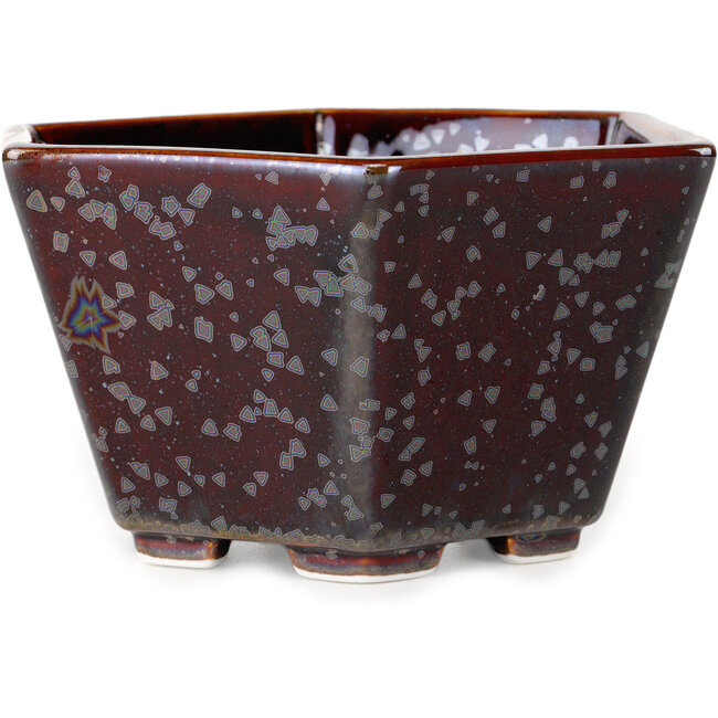 Hexagonal brown metallic, crystal glaze bonsai pot by Heian Senzan - 140 x 140 x 75 mm