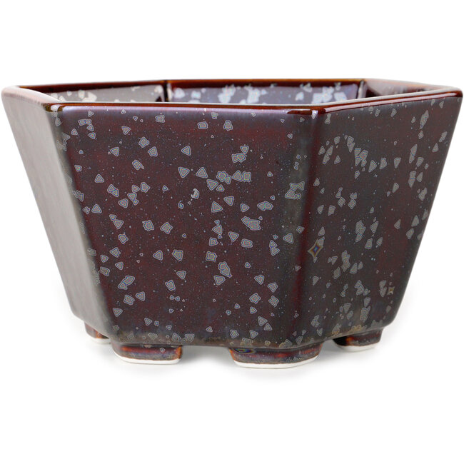 Zeshoekige bruine metallic bonsaipot met kristalglazuur van Heian Senzan - 140 x 140 x 75 mm
