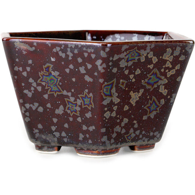 Zeshoekige bruine metallic bonsaipot met kristalglazuur van Heian Senzan - 140 x 140 x 75 mm