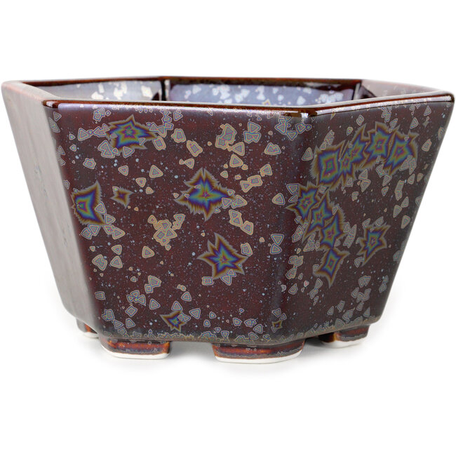 Pot à bonsaï hexagonal en verre métallisé brun cristal, par Heian Senzan - 140 x 140 x 75 mm