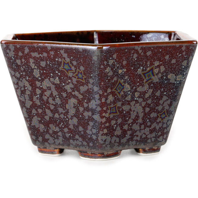 Pot à bonsaï hexagonal en verre métallisé brun cristal, par Heian Senzan - 140 x 140 x 75 mm