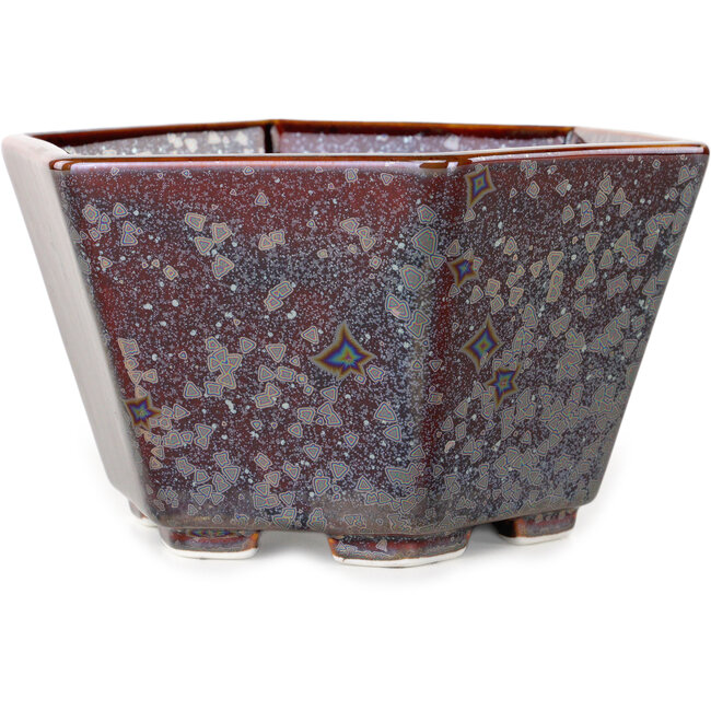 Vaso bonsai esagonale in smalto cristallino marrone metallizzato di Heian Senzan - 140 x 140 x 75 mm