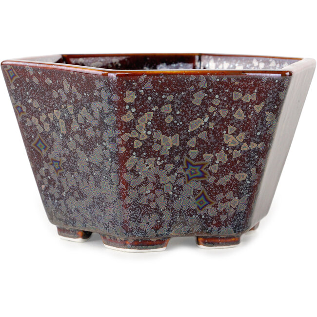 Pot à bonsaï hexagonal en verre métallisé brun cristal, par Heian Senzan - 140 x 140 x 75 mm