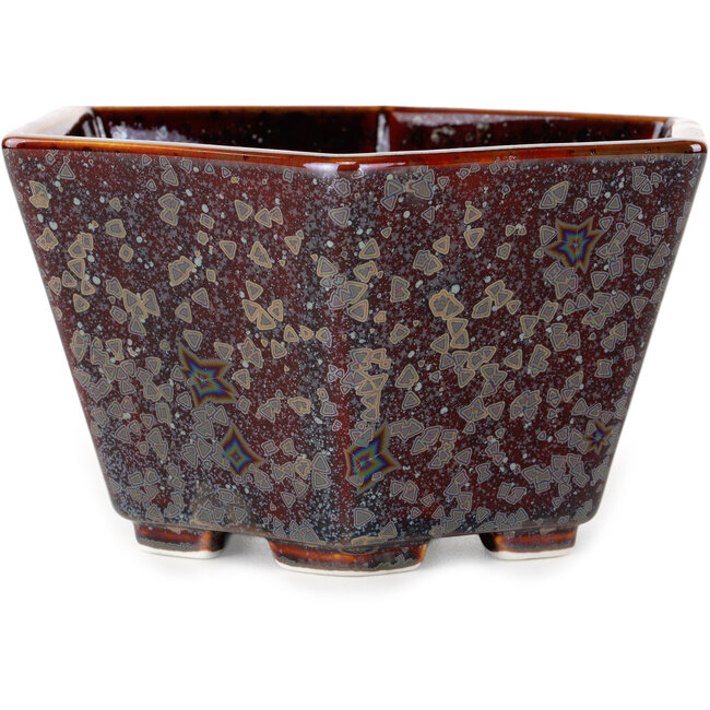 Vaso bonsai esagonale in smalto cristallino marrone metallizzato di Heian Senzan - 140 x 140 x 75 mm