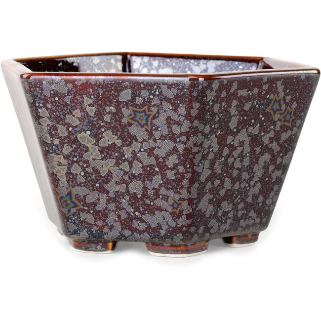 Pot à bonsaï hexagonal en verre métallisé brun cristal, par Heian Senzan - 140 x 140 x 75 mm