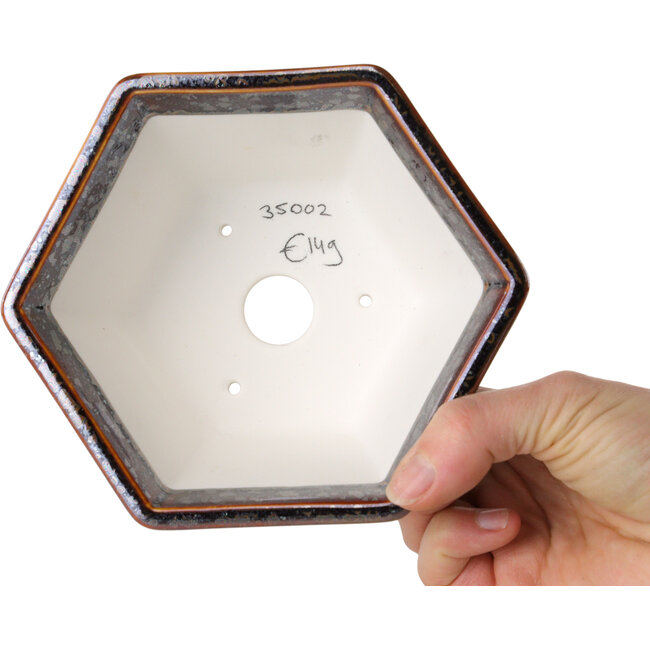 Hexagonal brown metallic, crystal glaze bonsai pot by Heian Senzan - 140 x 140 x 75 mm