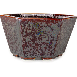  Heian Senzan 140 mm zeshoekige bruine metallic bonsaipot met kristalglazuur van Heian Senzan, Tokoname, Japan