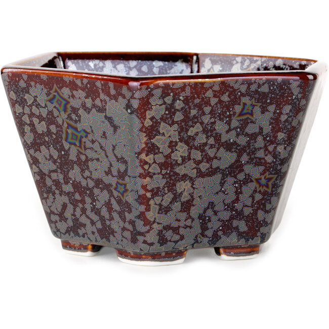 Zeshoekige bruine metallic bonsaipot met kristalglazuur van Heian Senzan - 140 x 140 x 75 mm