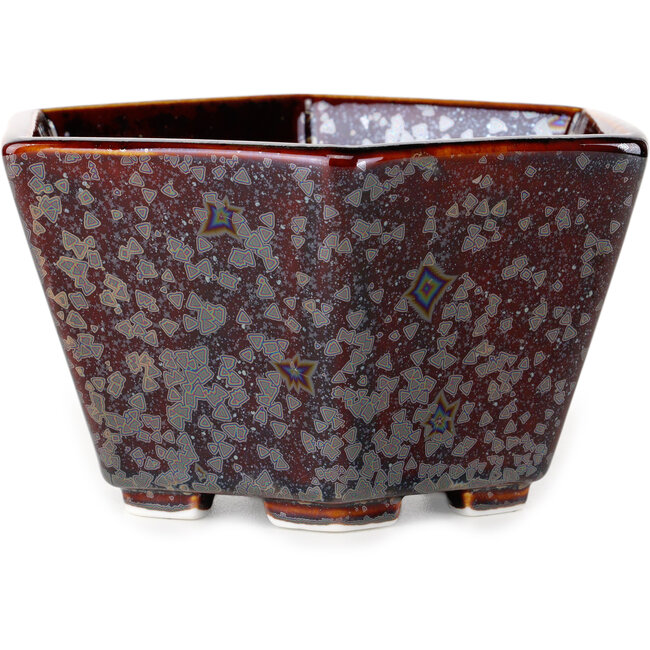 Vaso bonsai esagonale in smalto cristallino marrone metallizzato di Heian Senzan - 140 x 140 x 75 mm