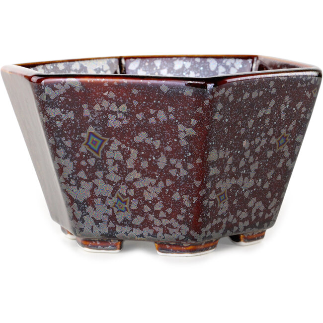 Pot à bonsaï hexagonal en verre métallisé brun cristal, par Heian Senzan - 140 x 140 x 75 mm