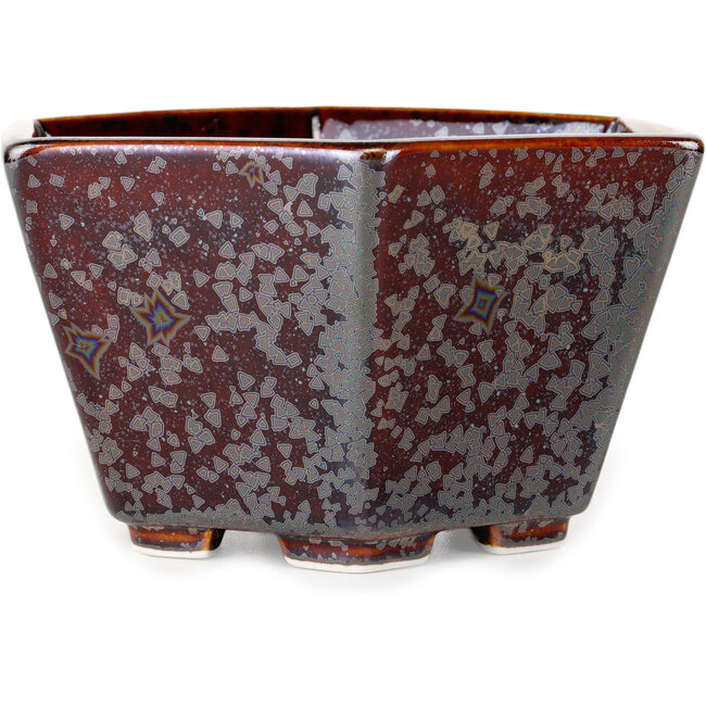 Hexagonal brown metallic, crystal glaze bonsai pot by Heian Senzan - 140 x 140 x 75 mm