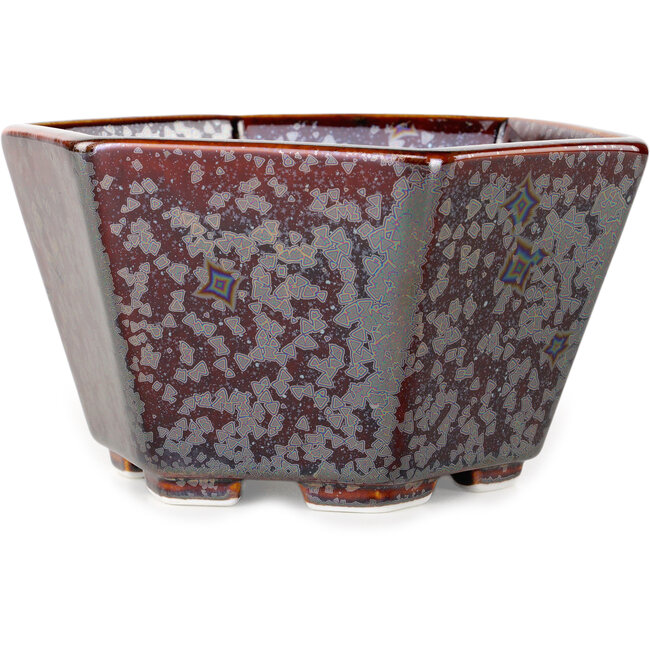 Zeshoekige bruine metallic bonsaipot met kristalglazuur van Heian Senzan - 140 x 140 x 75 mm