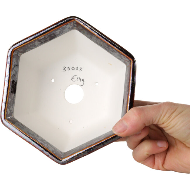 Maceta hexagonal para bonsái con acabado marrón metálico y esmaltado de cristal de Heian Senzan (140 x 140 x 75 mm)