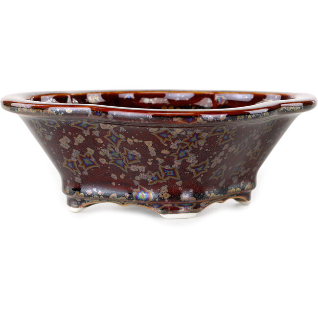 Mokko bruine metallic bonsai pot met kristalglazuur van Heian Senzan - 155 x 140 x 50 mm