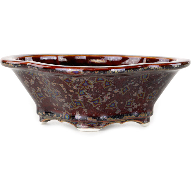 Mokko bruine metallic bonsai pot met kristalglazuur van Heian Senzan - 155 x 140 x 50 mm