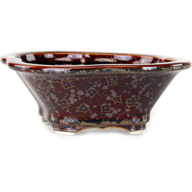 Mokko bruine metallic bonsai pot met kristalglazuur van Heian Senzan - 155 x 140 x 50 mm