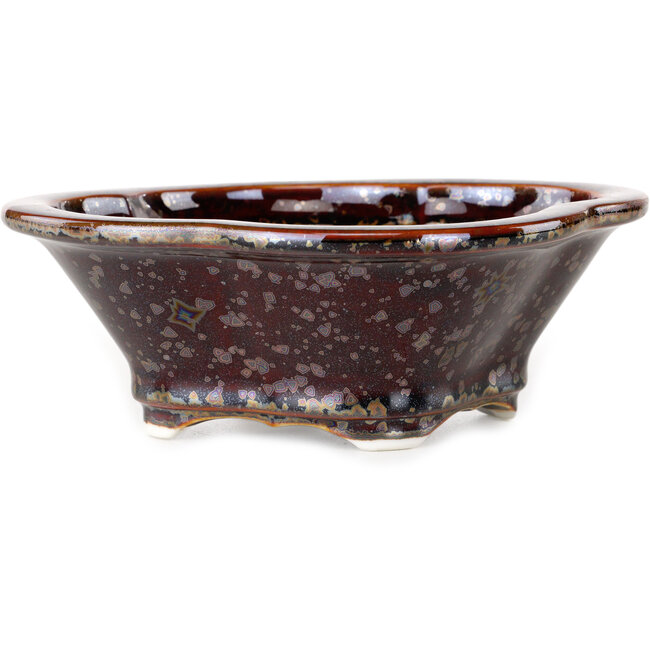 Mokko bruine metallic bonsai pot met kristalglazuur van Heian Senzan - 155 x 140 x 50 mm