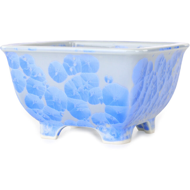 Square light blue, crystal glaze bonsai pot by Heian Senzan - 133 x 133 x 80 mm