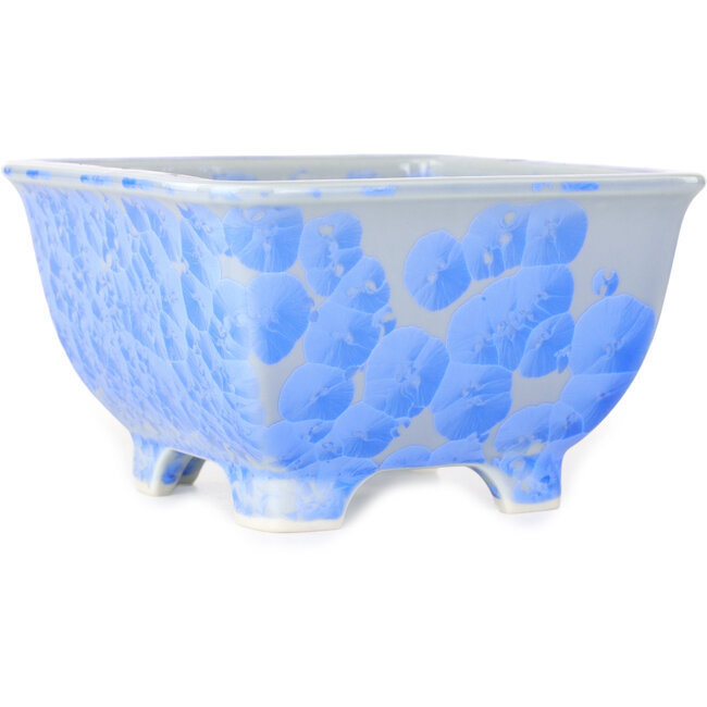 Vaso bonsai quadrato azzurro, smaltato in cristallo di Heian Senzan - 133 x 133 x 80 mm