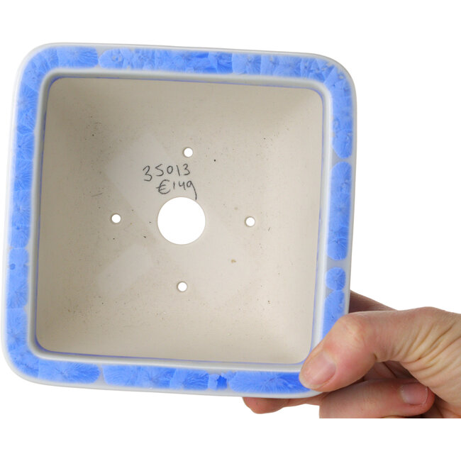 Square light blue, crystal glaze bonsai pot by Heian Senzan - 133 x 133 x 80 mm