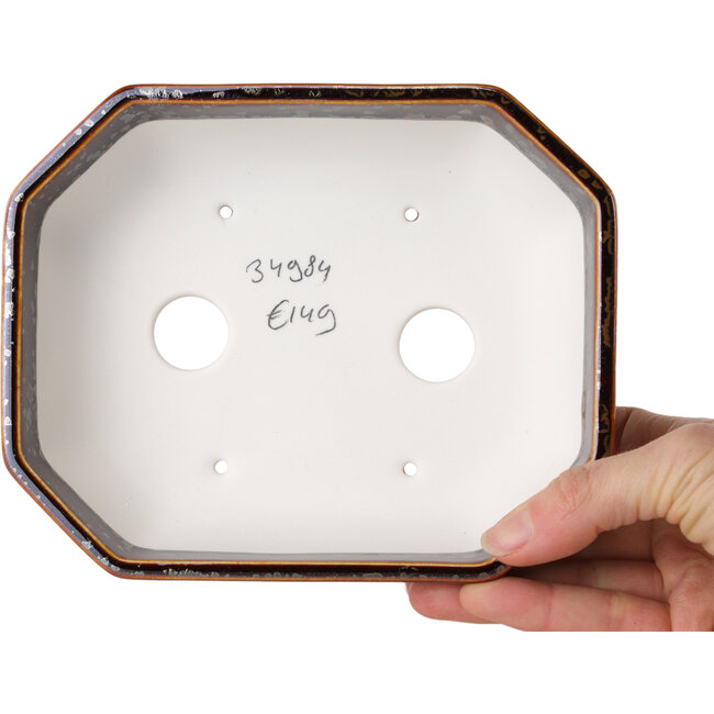 Maceta ovalada para bonsái con acabado marrón metálico y esmaltado de cristal de Heian Senzan (161 x 132 x 50 mm)