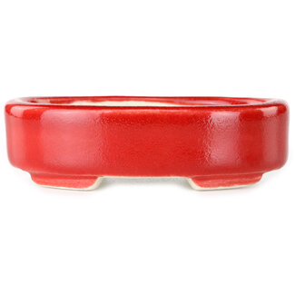  Satomi Mazan, Mazan Terahata 95 mm oval red bonsai pot by Terahata Satomi Mazan, Tokoname, Japan