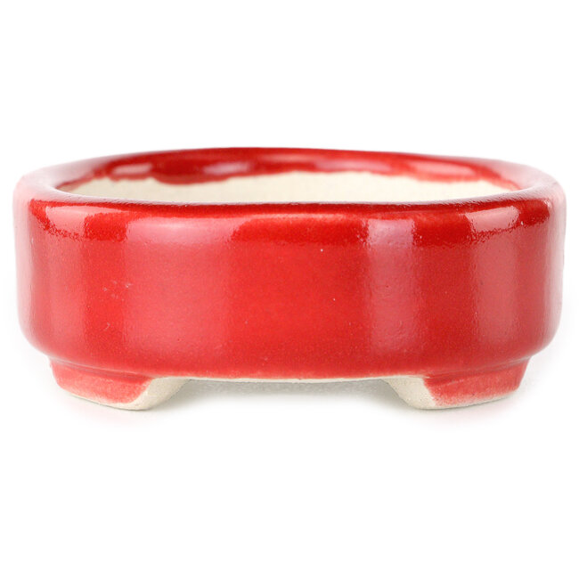 Oval red bonsai pot by Terahata Satomi Mazan - 95 x 70 x 25 mm