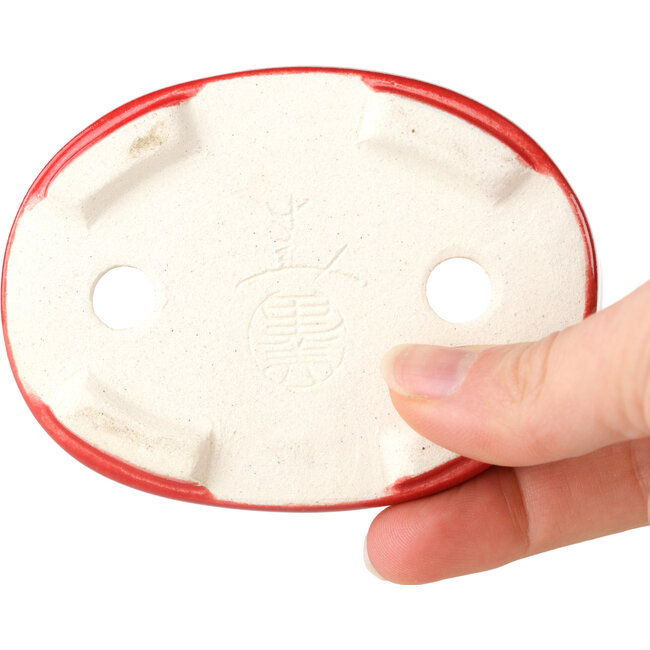 Oval red bonsai pot by Terahata Satomi Mazan - 95 x 70 x 25 mm