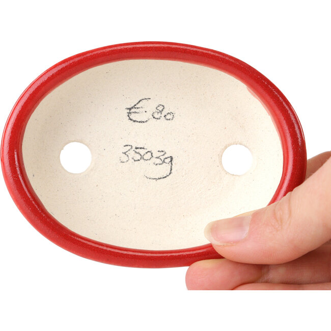 Oval red bonsai pot by Terahata Satomi Mazan - 95 x 70 x 25 mm