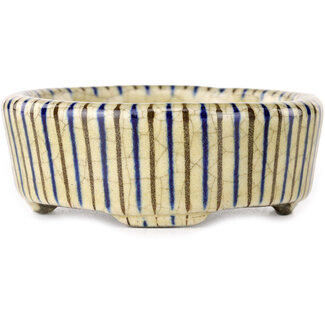  Satomi Mazan, Mazan Terahata Vaso bonsai rotondo beige craquelé, blu e marrone, multicolore da 80 mm di Terahata Satomi Mazan, Tokoname, Giappone