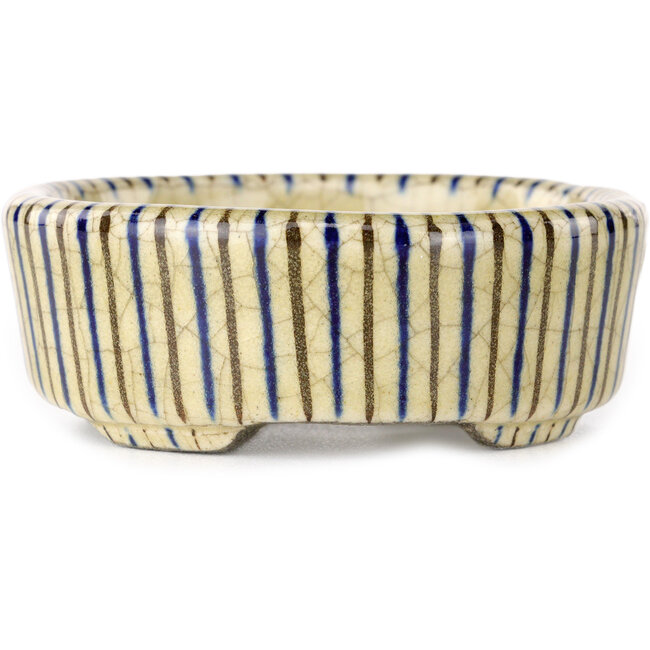 Pot à bonsaï rond beige craquelé, bleu et marron, multicolore par Terahata Satomi Mazan - 80 x 80 x 30 mm