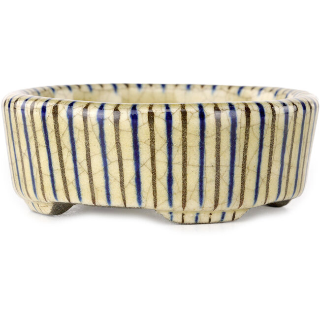 Pot à bonsaï rond beige craquelé, bleu et marron, multicolore par Terahata Satomi Mazan - 80 x 80 x 30 mm