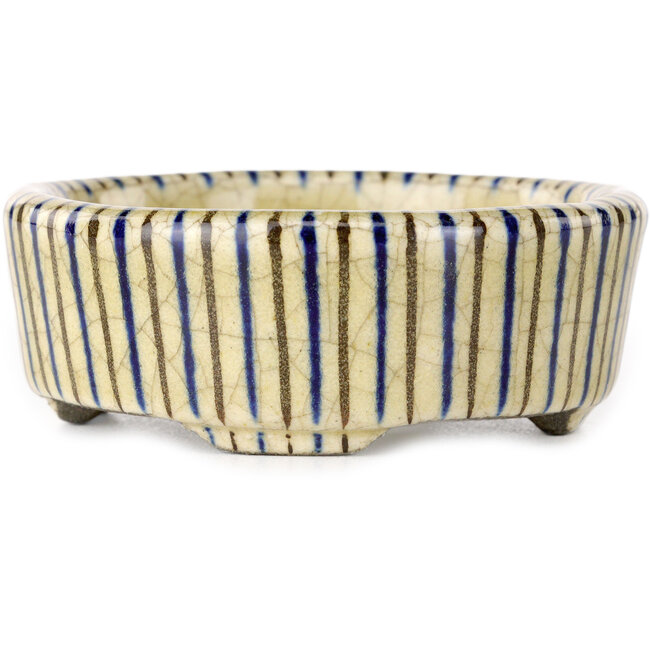 Maceta redonda para bonsái multicolor craquelé beige, azul y marrón de Terahata Satomi Mazan - 80 x 80 x 30 mm