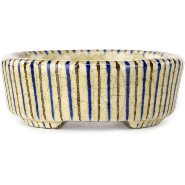 Round beige craquelé, blue and brown, multicolor bonsai pot by Terahata Satomi Mazan - 80 x 80 x 30 mm