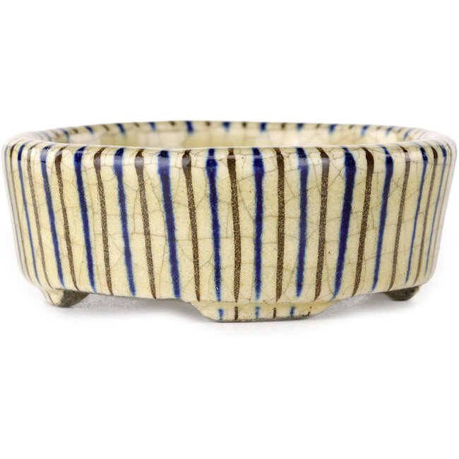 Runde beige Craquelé-, blaue und braune, mehrfarbige Bonsaischale von Terahata Satomi Mazan – 80 x 80 x 30 mm