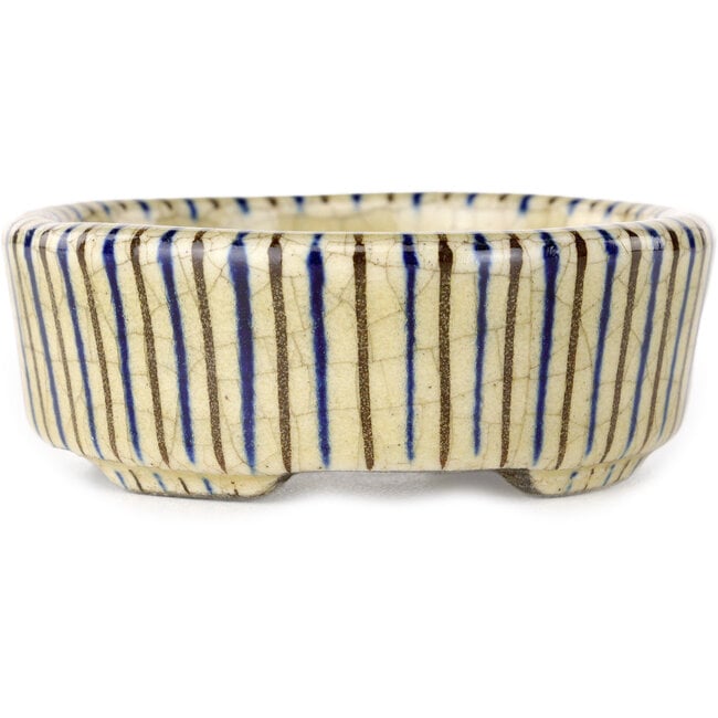 Ronde beige craquelé, blauw en bruin, veelkleurige bonsaipot van Terahata Satomi Mazan - 80 x 80 x 30 mm