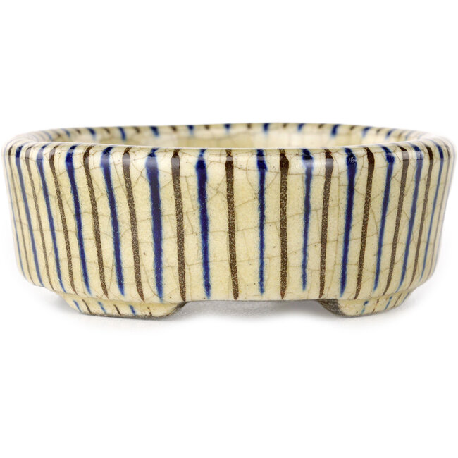 Runde beige Craquelé-, blaue und braune, mehrfarbige Bonsaischale von Terahata Satomi Mazan – 80 x 80 x 30 mm