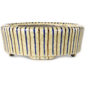  Satomi Mazan, Mazan Terahata 80 mm oval beige craquelé, blue and brown, multicolor bonsai pot by Terahata Satomi Mazan, Tokoname, Japan