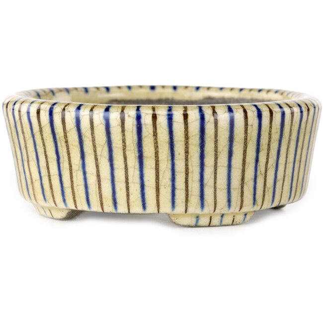 Vaso bonsai ovale beige craquelé, blu e marrone, multicolore di Terahata Satomi Mazan - 80 x 80 x 30 mm