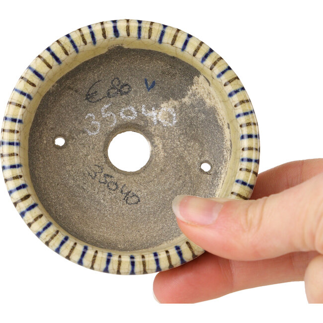 Round beige craquelé, blue and brown, multicolor bonsai pot by Terahata Satomi Mazan - 80 x 80 x 30 mm