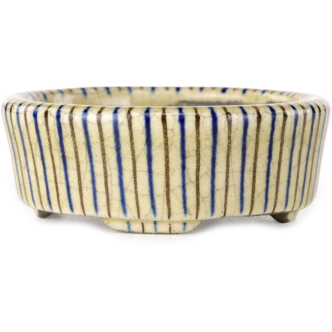 Ovaler, beigefarbener Bonsai-Topf mit Craquelé-Muster, blauen und braunen Akzenten, von Terahata Satomi Mazan – 80 x 80 x 30 mm