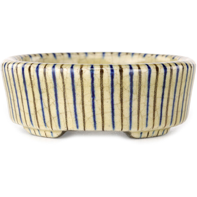 Oval beige craquelé, blue and brown, multicolor bonsai pot by Terahata Satomi Mazan - 80 x 80 x 30 mm