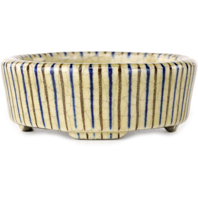 Pot à bonsaï ovale beige craquelé, bleu et marron multicolore par Terahata Satomi Mazan - 80 x 80 x 30 mm